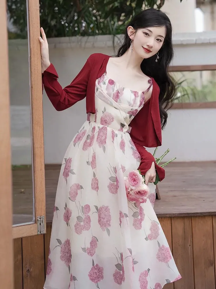 French suspender floral dress for women summer 2024 new sweet super fairy gentle style cardigan with skirt two-piece set