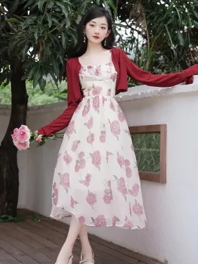 French suspender floral dress for women summer 2024 new sweet super fairy gentle style cardigan with skirt two-piece set