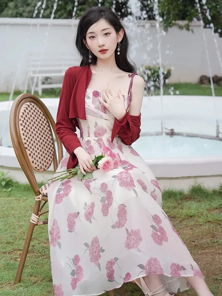 French suspender floral dress for women summer 2024 new sweet super fairy gentle style cardigan with skirt two-piece set