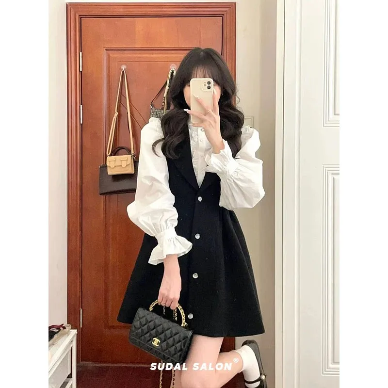 Fried street Hong Kong style salt style light mature fashion French platycodon small fragrance puff sleeve shirt vest skirt two-