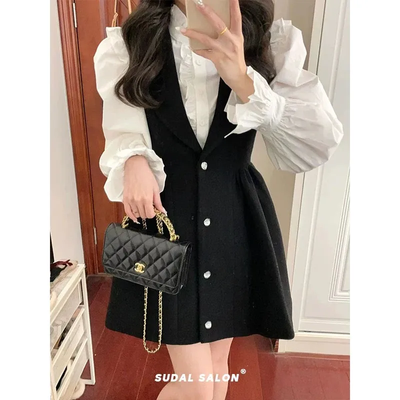 Fried street Hong Kong style salt style light mature fashion French platycodon small fragrance puff sleeve shirt vest skirt two-