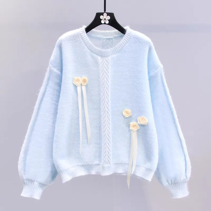 Gentle style three-dimensional flower sweater for women autumn and winter 2023 new Japanese style loose design western style swe