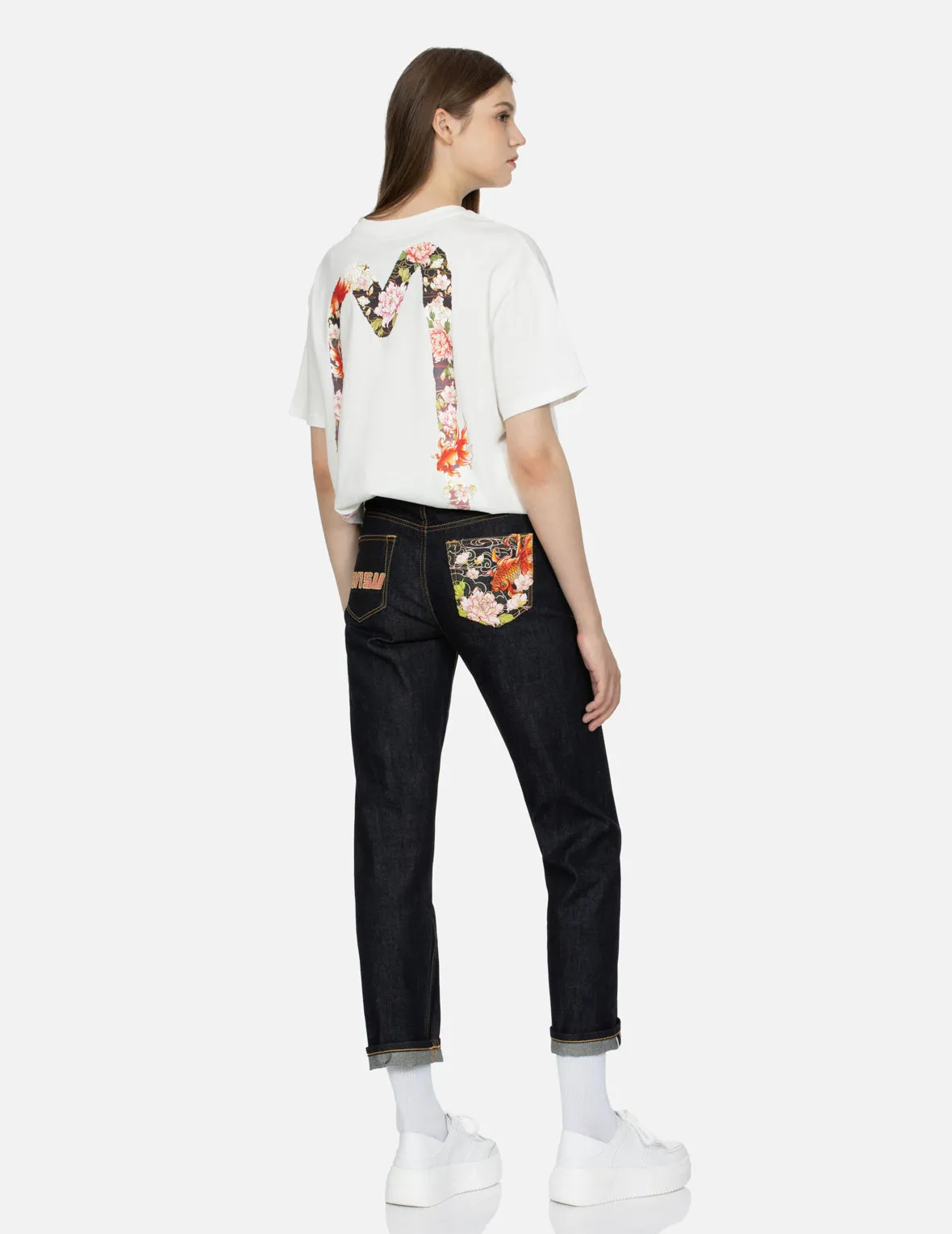 Goldfish and Floral Flow Embroidery Straight Fit Denim Jeans