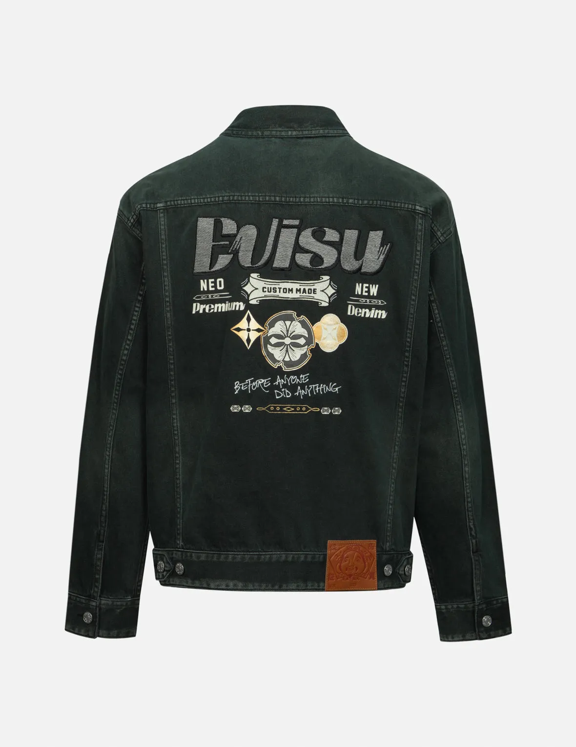 Green Tone Washed Effect with Logo Embroidery Loose Fit Denim Jacket