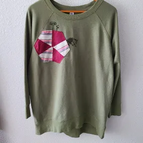 Green Tunic Sweatshirt with Possum Print and Vintage Quilt Piece