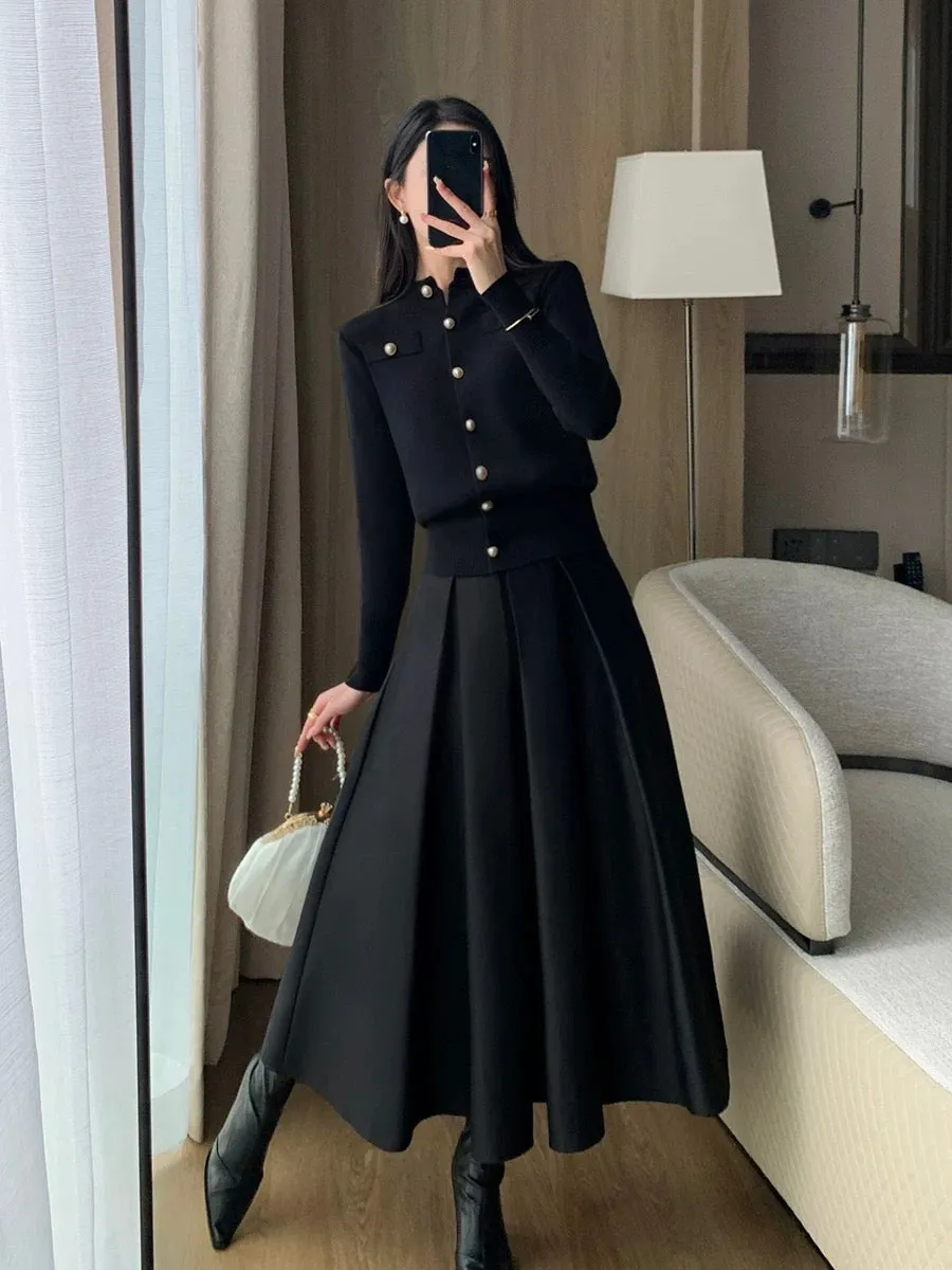 Guo Ge's black knitted cardigan jacket for women 2024 spring new style French temperament Hepburn style slim and versatile top