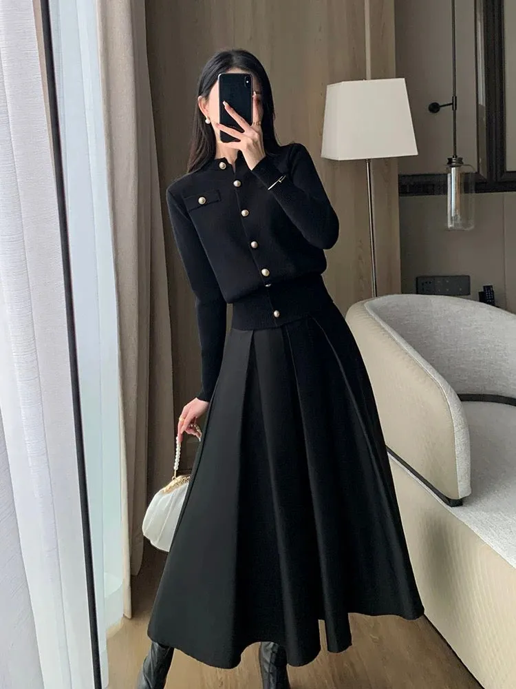 Guo Ge's black knitted cardigan jacket for women 2024 spring new style French temperament Hepburn style slim and versatile top