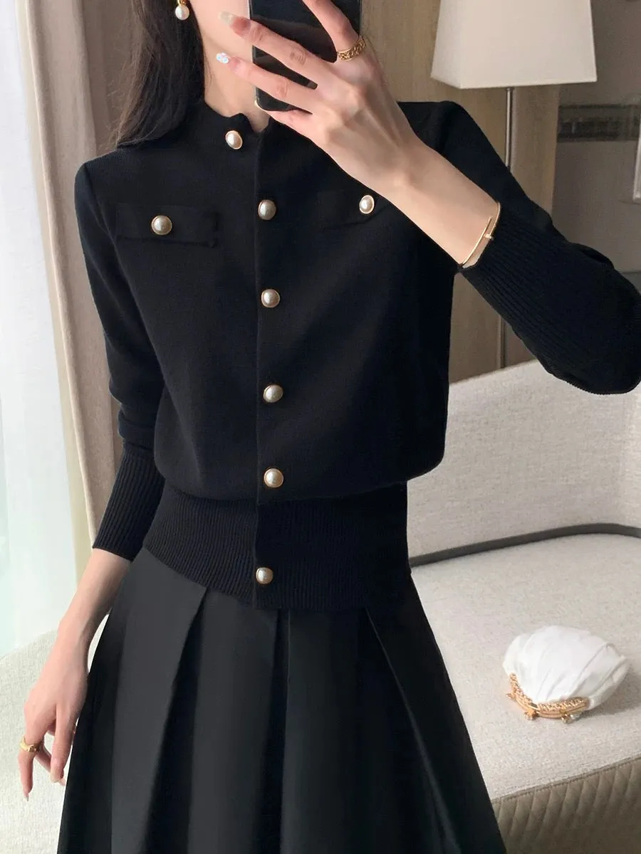 Guo Ge's black knitted cardigan jacket for women 2024 spring new style French temperament Hepburn style slim and versatile top