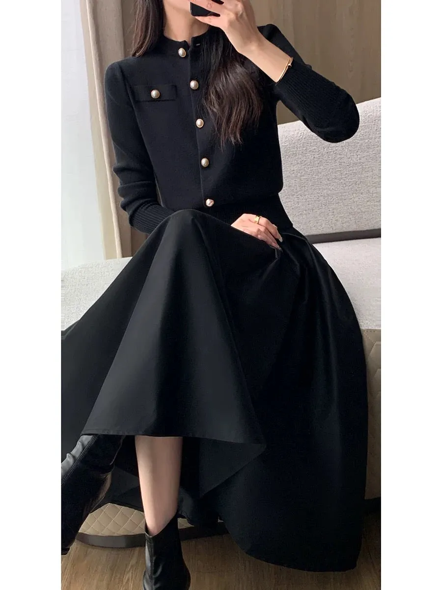 Guo Ge's black knitted cardigan jacket for women 2024 spring new style French temperament Hepburn style slim and versatile top