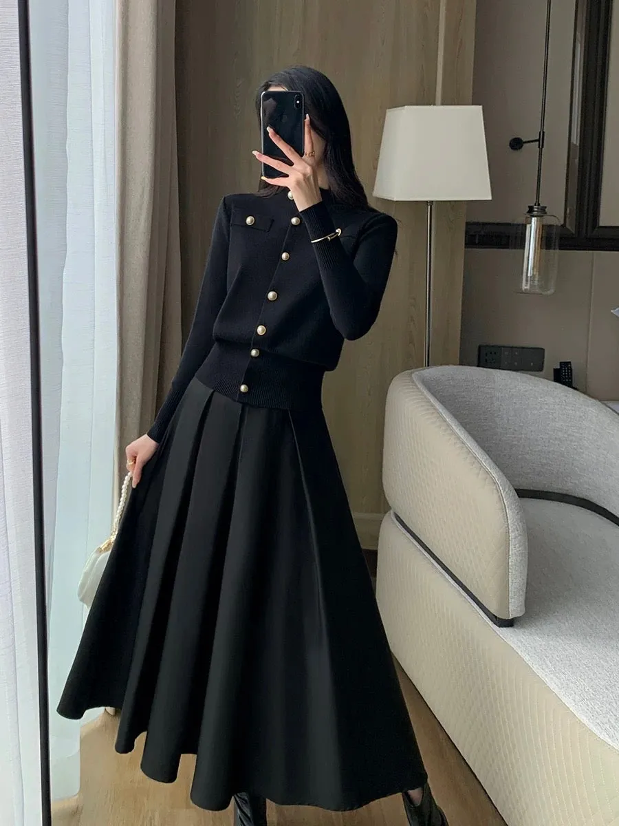 Guo Ge's black knitted cardigan jacket for women 2024 spring new style French temperament Hepburn style slim and versatile top