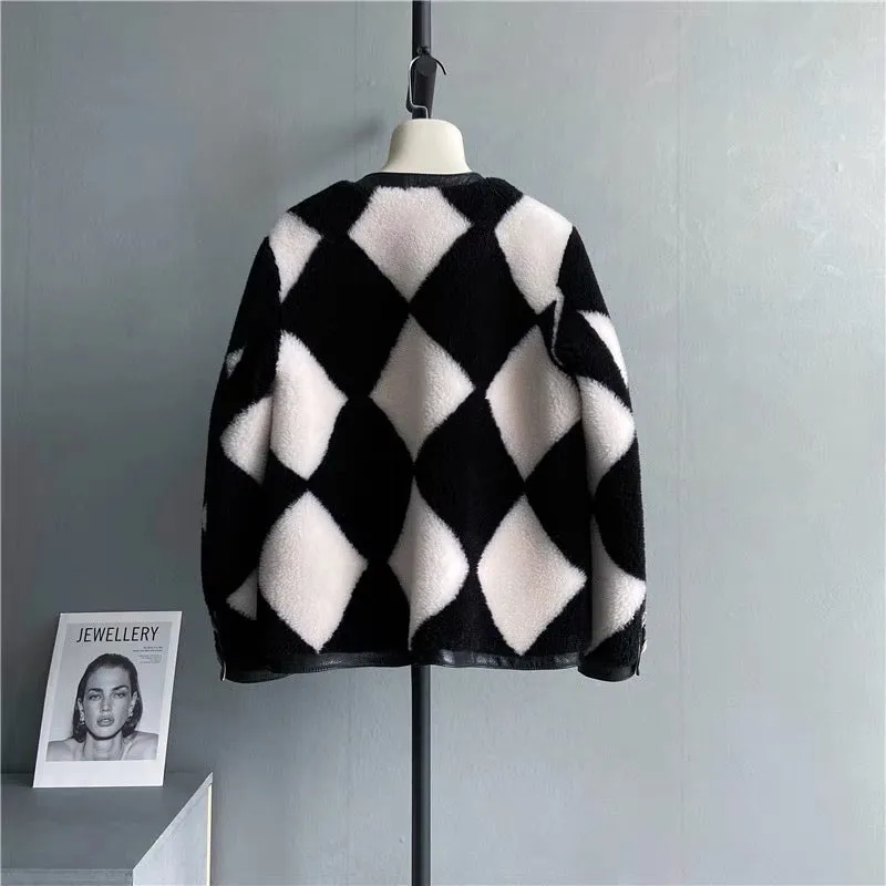 Haining Fur 2023 new checkerboard style young lamb fur all-in-one leather collar cardigan jacket T3461