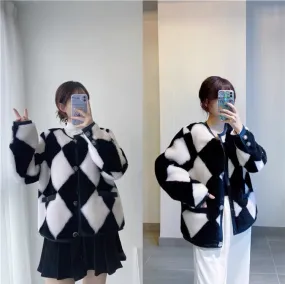 Haining Fur 2023 new checkerboard style young lamb fur all-in-one leather collar cardigan jacket T3461