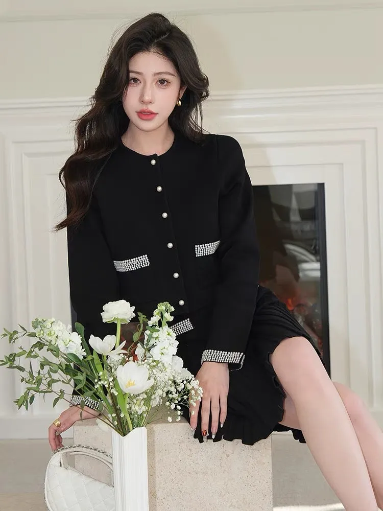 Heavy handmade pearls French gentle black slimming fragrance commuting small cardigan jacket skirt suit for women S280