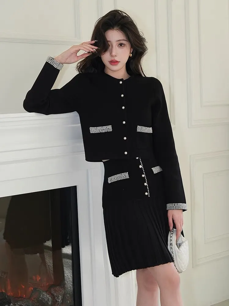 Heavy handmade pearls French gentle black slimming fragrance commuting small cardigan jacket skirt suit for women S280