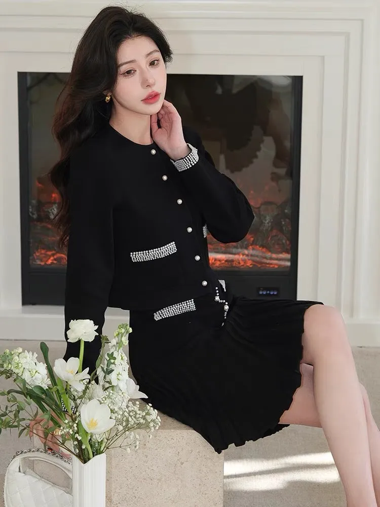 Heavy handmade pearls French gentle black slimming fragrance commuting small cardigan jacket skirt suit for women S280