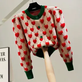 Heavy industry beaded love jacquard craftsmanship color puff sleeve sweater cardigan fashionable design casual slimming top