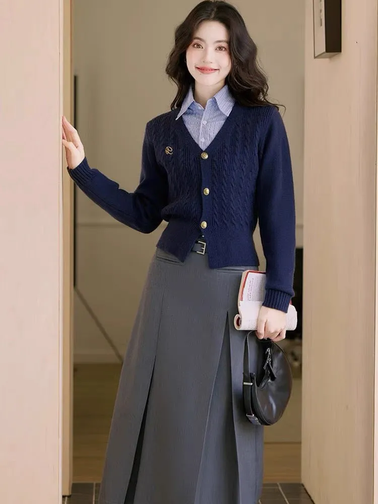 High-end college-style sweater cardigan with shirt and skirt suit for women in autumn and winter. Three-piece set