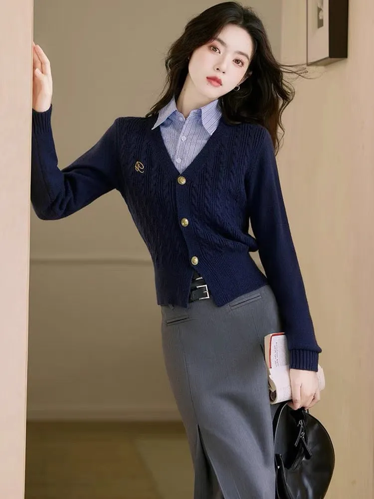 High-end college-style sweater cardigan with shirt and skirt suit for women in autumn and winter. Three-piece set