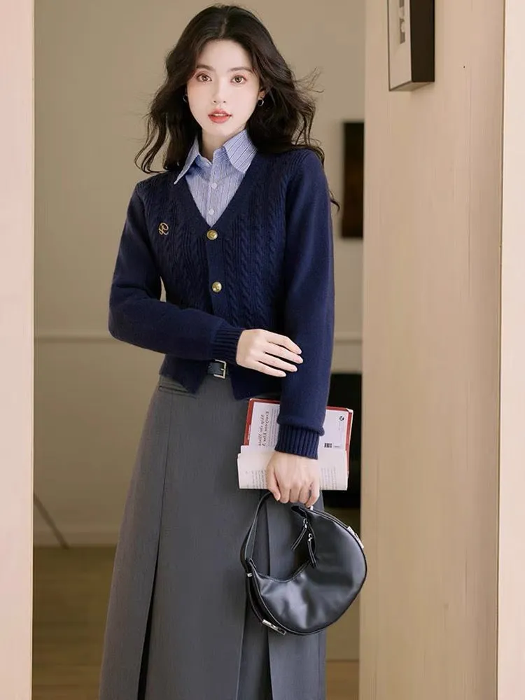 High-end college-style sweater cardigan with shirt and skirt suit for women in autumn and winter. Three-piece set