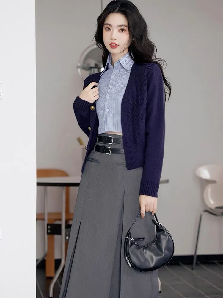 High-end college-style sweater cardigan with shirt and skirt suit for women in autumn and winter. Three-piece set