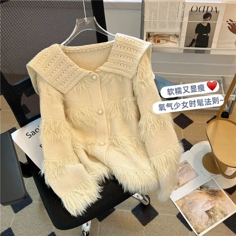 High-end, unique, soft and waxy thickened lapel sweater knitted cardigan outer top for women in autumn and winter