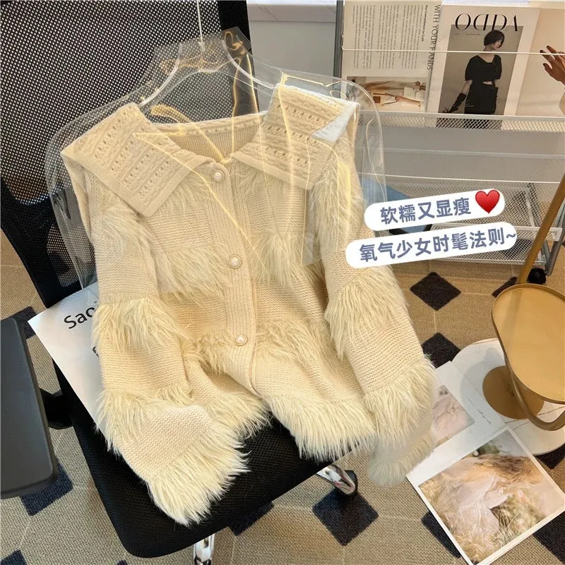 High-end, unique, soft and waxy thickened lapel sweater knitted cardigan outer top for women in autumn and winter