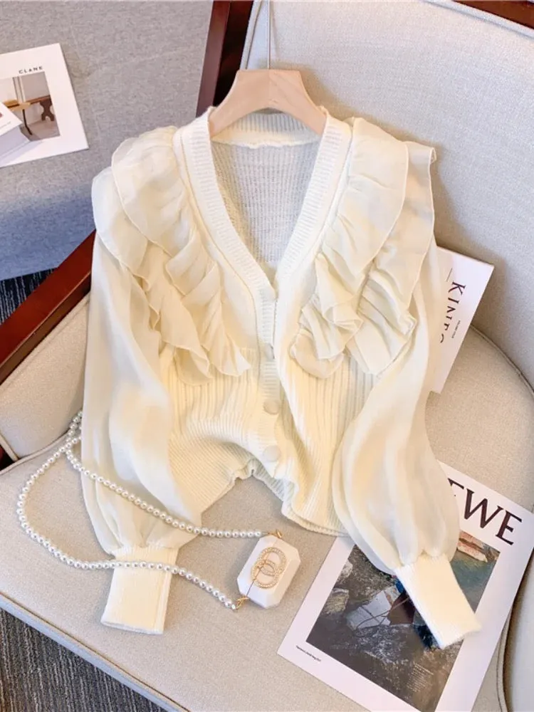 High-end white V-neck knitted cardigan for women early spring 2023 new style unique and unique short ruffle top