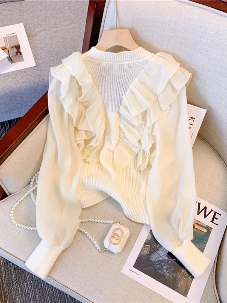 High-end white V-neck knitted cardigan for women early spring 2023 new style unique and unique short ruffle top