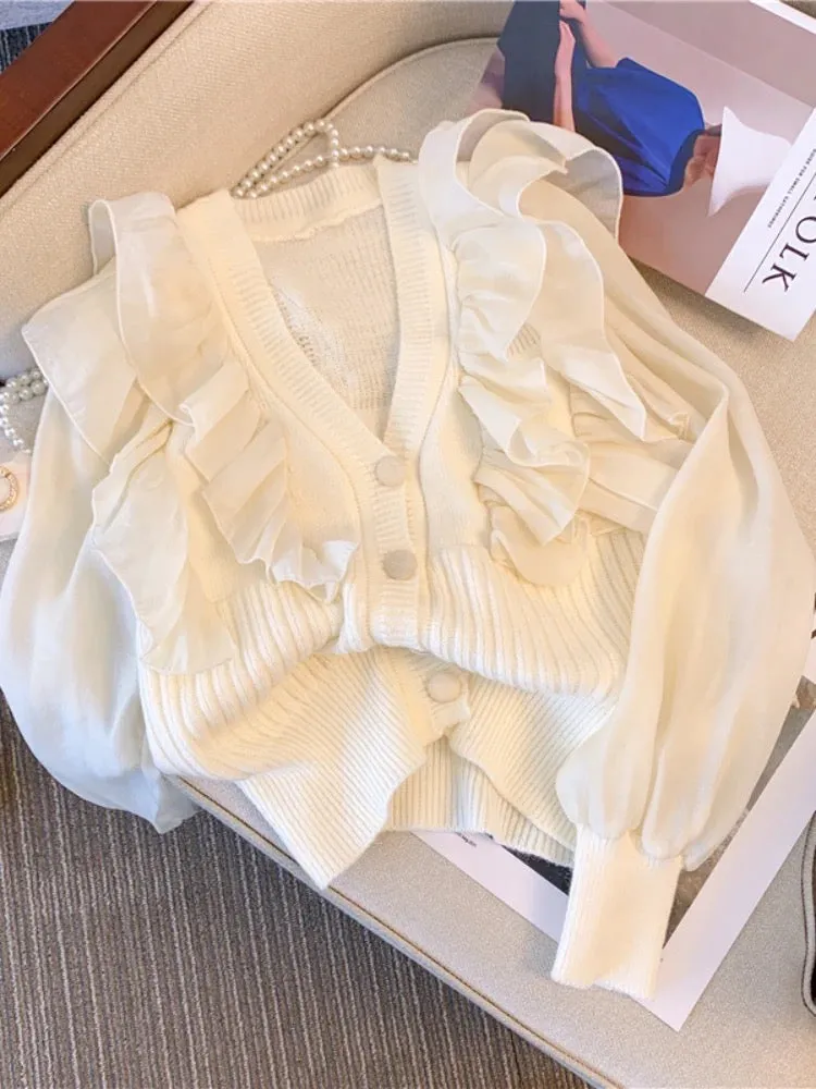 High-end white V-neck knitted cardigan for women early spring 2023 new style unique and unique short ruffle top