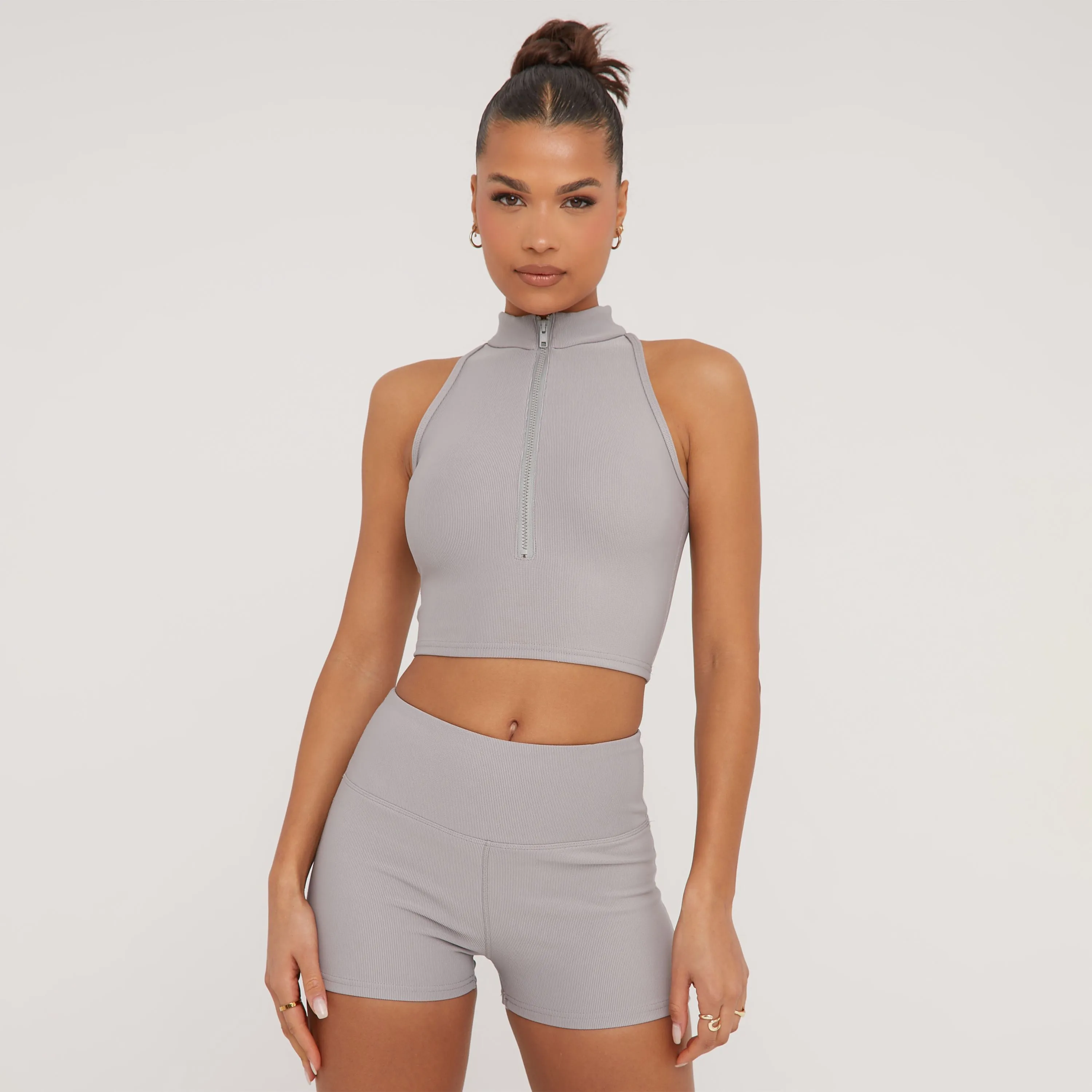 High Neck Zip Front Sleeveless Crop Top And High Waist Shorts Sculpt Co-Ord Set In Grey Rib