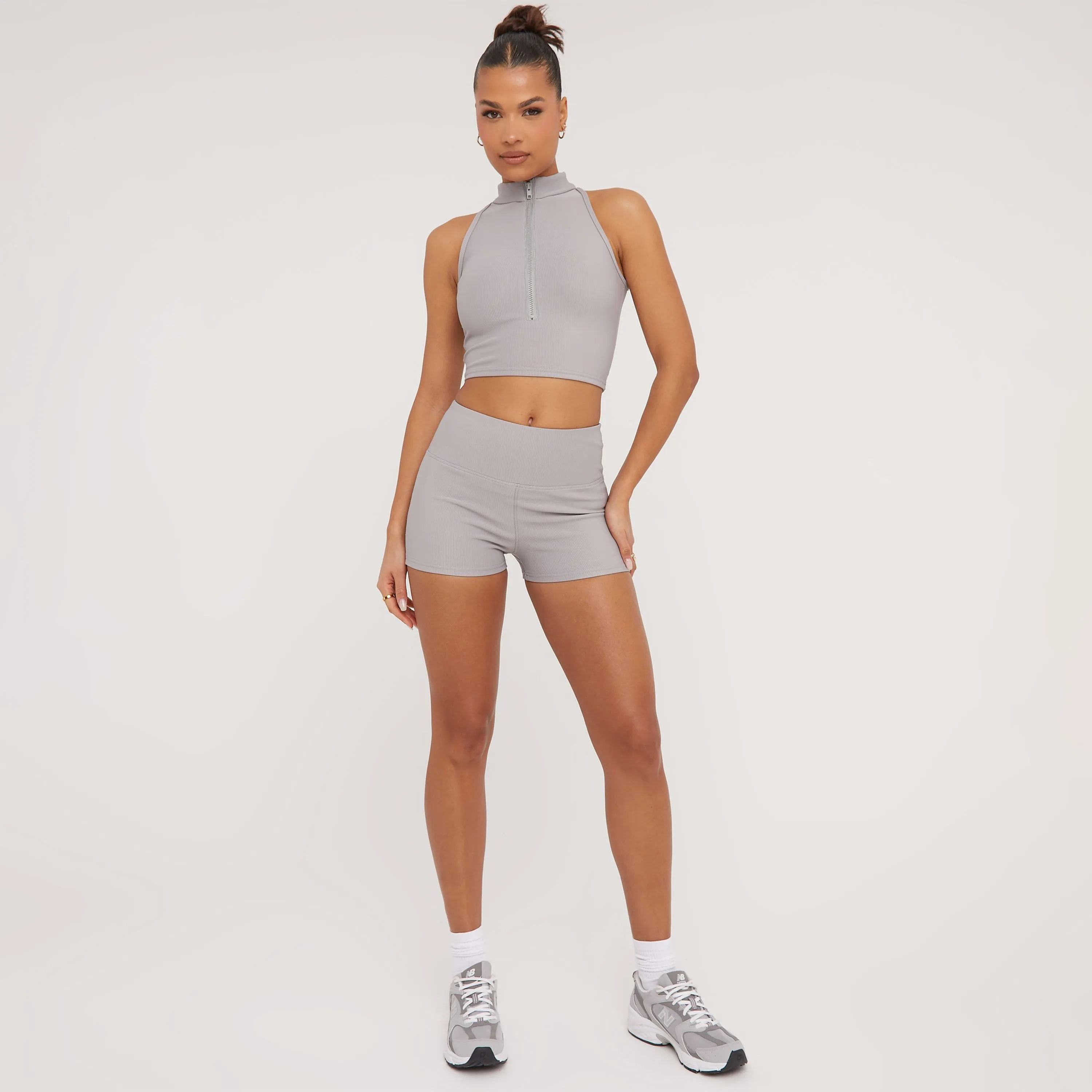 High Neck Zip Front Sleeveless Crop Top And High Waist Shorts Sculpt Co-Ord Set In Grey Rib