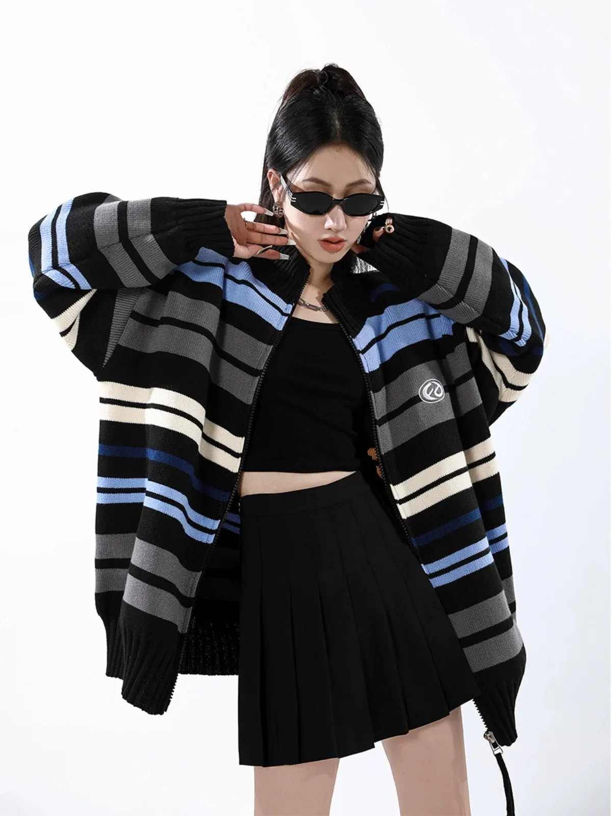 ICH MODE 1200g striped knitted cardigan American retro contrast color casual outer sweater jacket for women