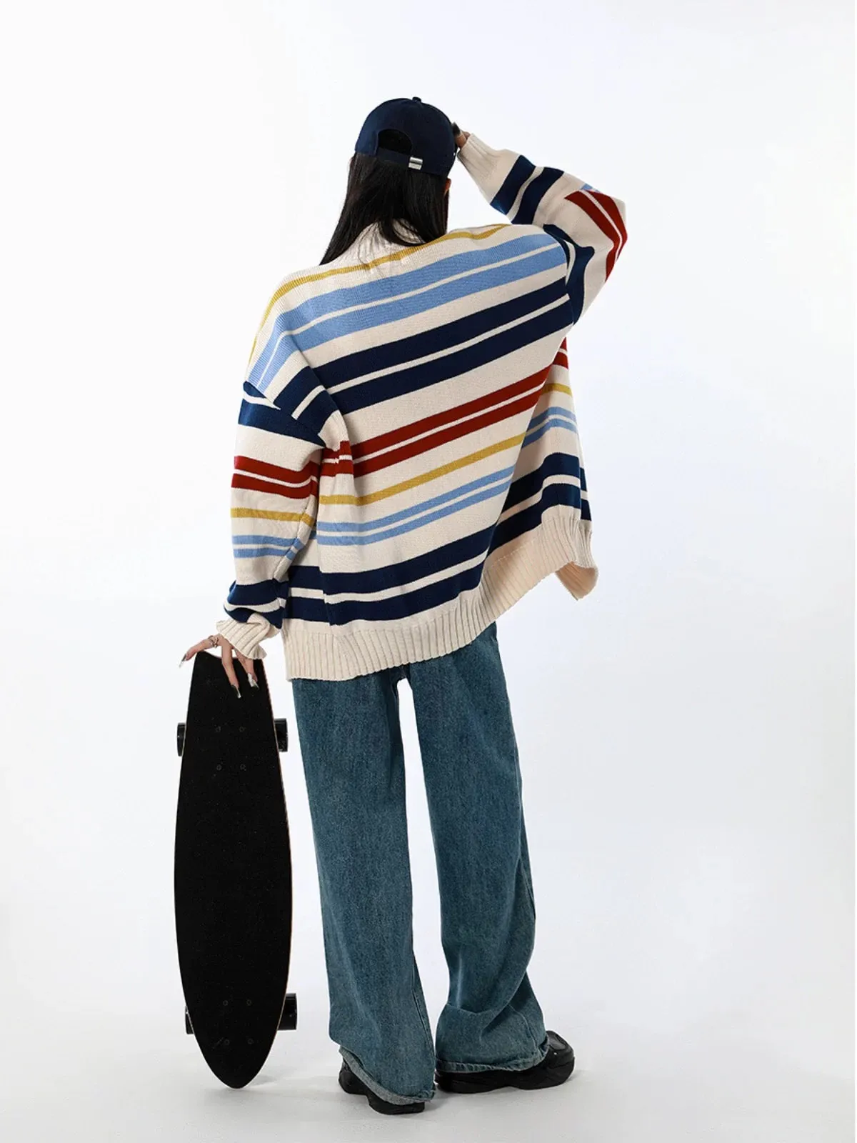 ICH MODE 1200g striped knitted cardigan American retro contrast color casual outer sweater jacket for women