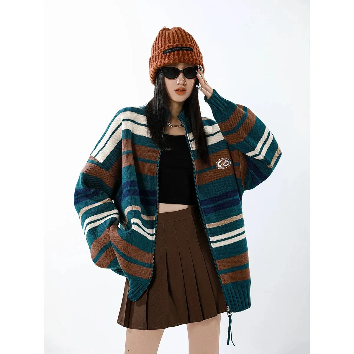 ICH MODE 1200g striped knitted cardigan American retro contrast color casual outer sweater jacket for women