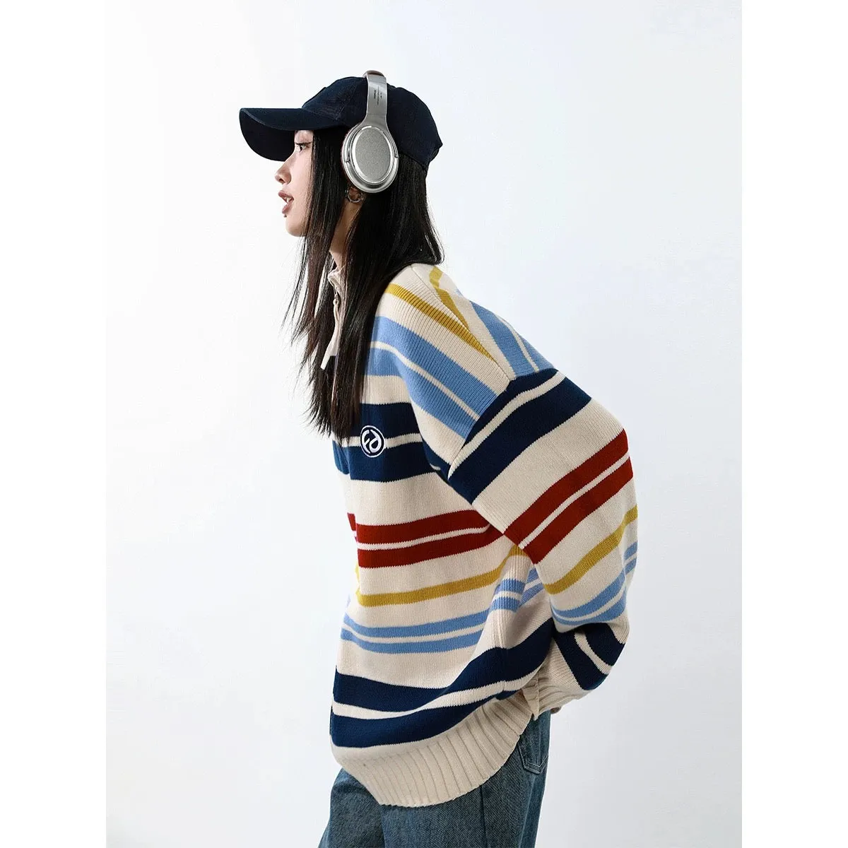 ICH MODE 1200g striped knitted cardigan American retro contrast color casual outer sweater jacket for women