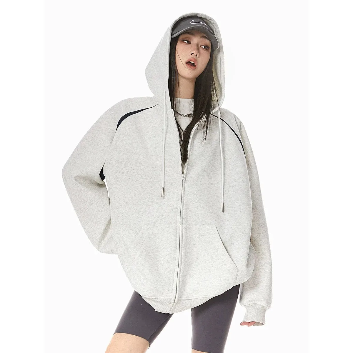 ICH MODE 400G trendy cool American sweatshirt hooded women's casual retro high street cardigan jacket women's spring and autumn 