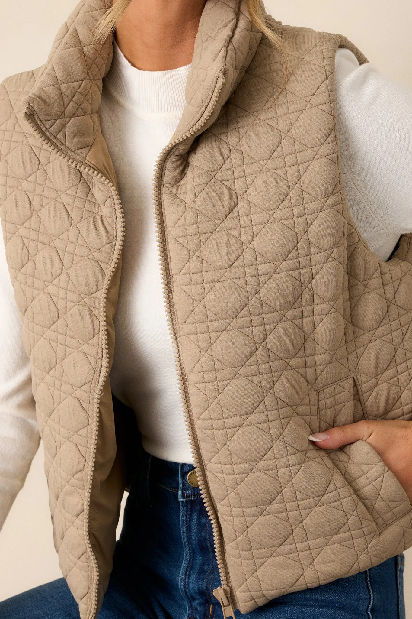 In Another Life Tan Quilted Zip-Up Vest