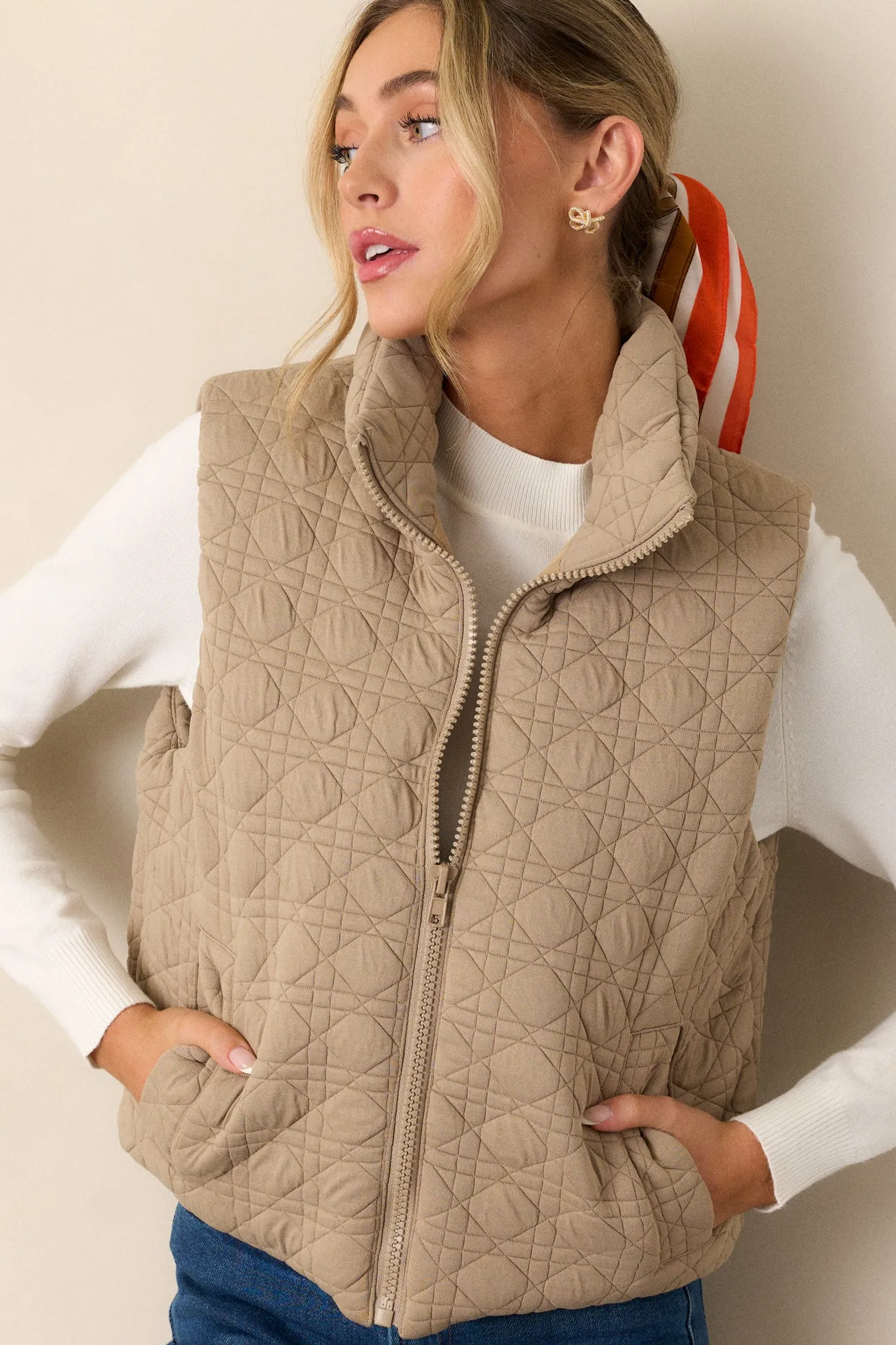 In Another Life Tan Quilted Zip-Up Vest