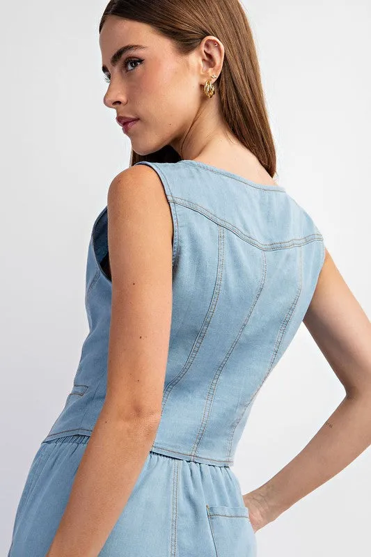 Jailani Denim Tencel Button Down Vest Top