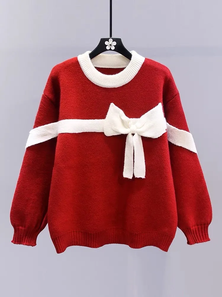 Japanese sweet red bow sweater for women autumn and winter 2023 new loose lazy style soft waxy sweater top