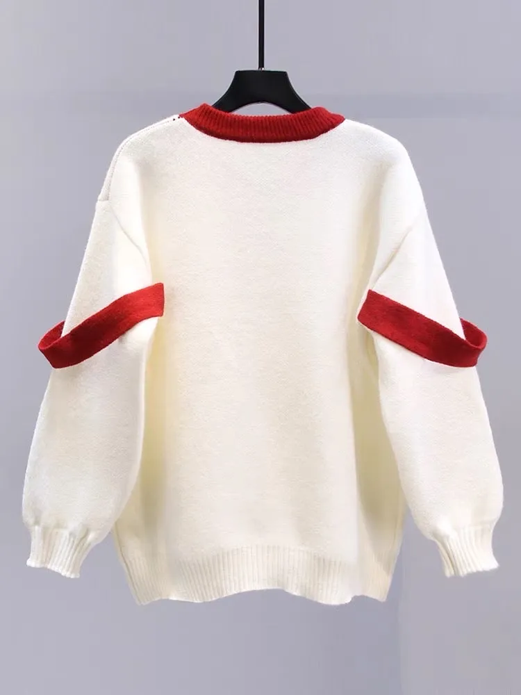 Japanese sweet red bow sweater for women autumn and winter 2023 new loose lazy style soft waxy sweater top