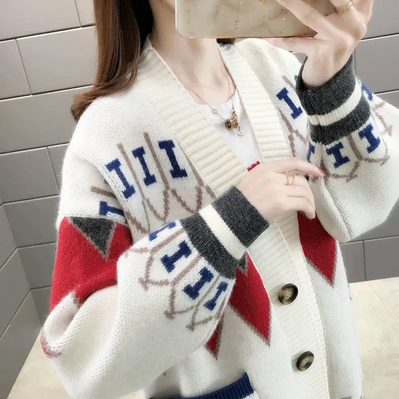 Knitted Cardigan Jacket Women's Autumn and Winter Thickened 2023 New Loose Lazy Style Retro Mid-Length Sweater for Women