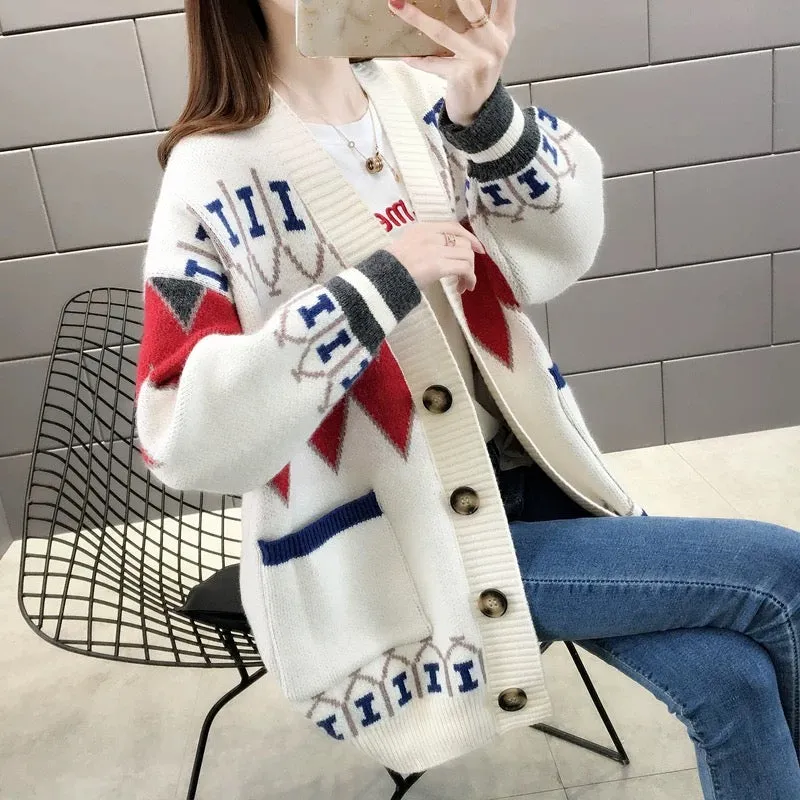 Knitted Cardigan Jacket Women's Autumn and Winter Thickened 2023 New Loose Lazy Style Retro Mid-Length Sweater for Women