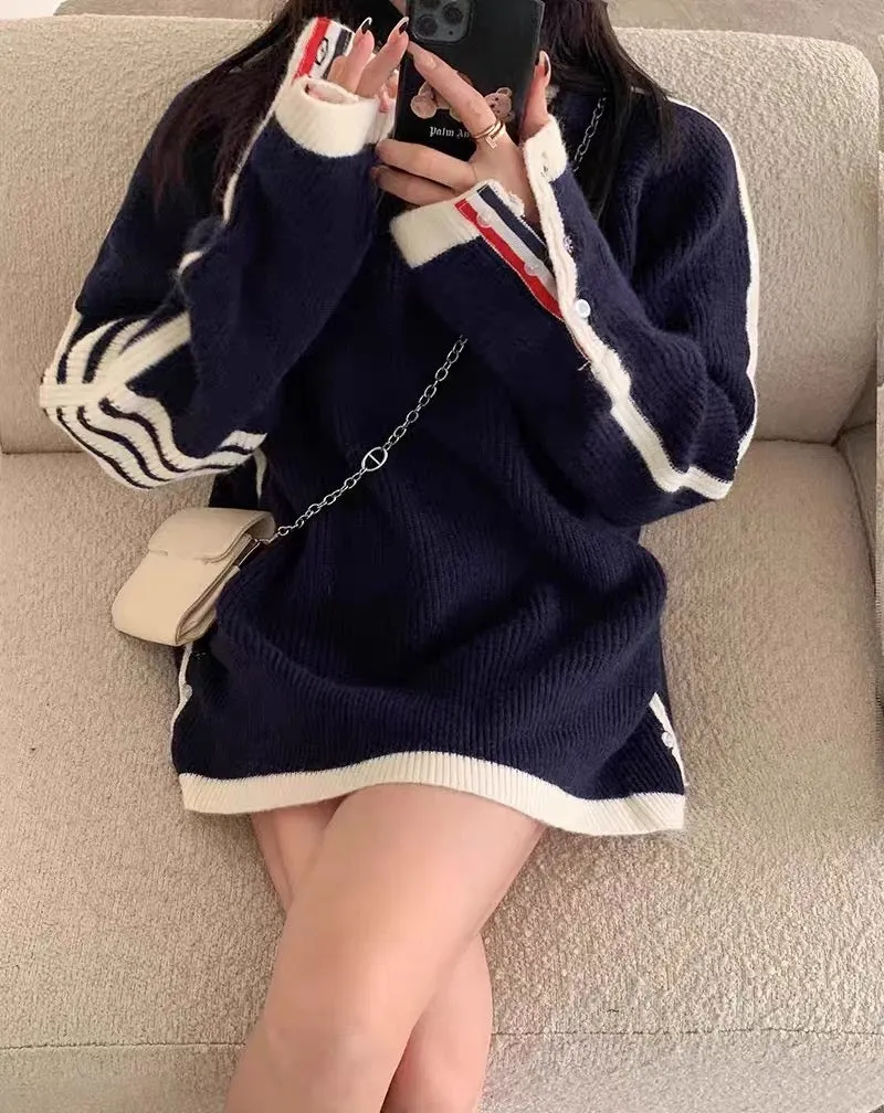 Korean style casual color-blocked button long-sleeved sweater for women autumn 2023 new style lazy style versatile loose knitted