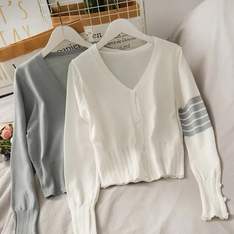 Korean style retro V-neck single-breasted long-sleeved sweater for women 2023 new slim fit, western style and versatile bottomin