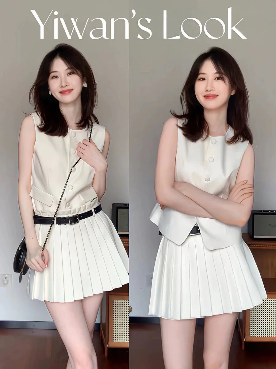 KUAN JI summer light luxury high-end fabric vest pleated skirt heavy industry fashion two-piece suit