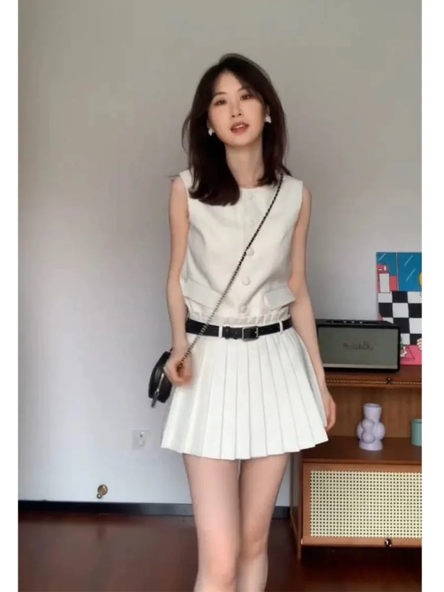 KUAN JI summer light luxury high-end fabric vest pleated skirt heavy industry fashion two-piece suit