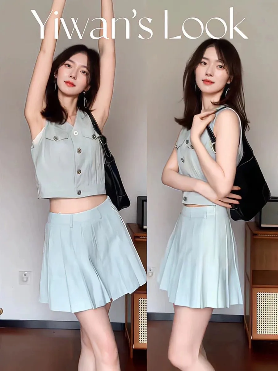 KUAN JI2024 summer new style small breasts miu denim vest pleated skirt fashion suit