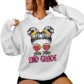 Little Miss Second 2Nd Grade Back To School Messy Bun Girls Women Hoodie