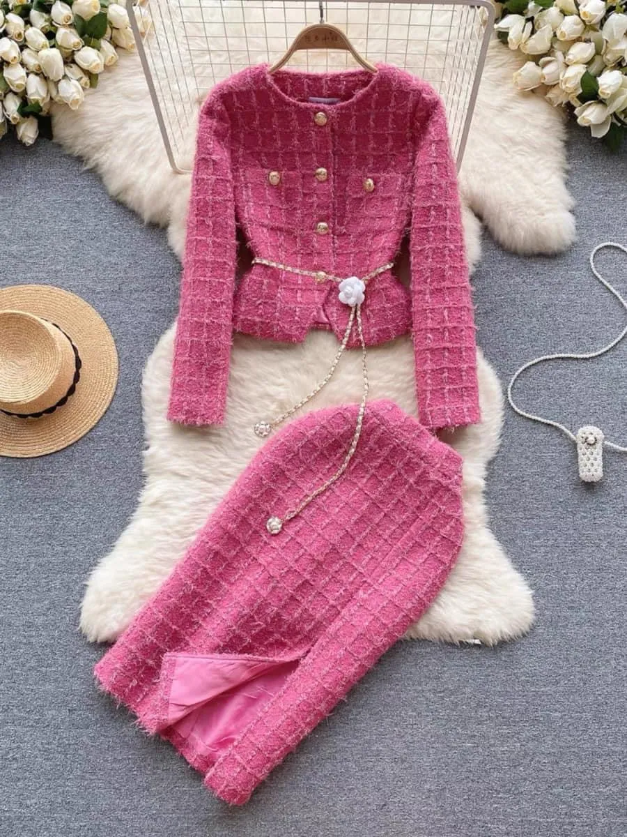 Madeleine style light luxury high-end suit for women winter woolen cardigan jacket + slit mid-length skirt